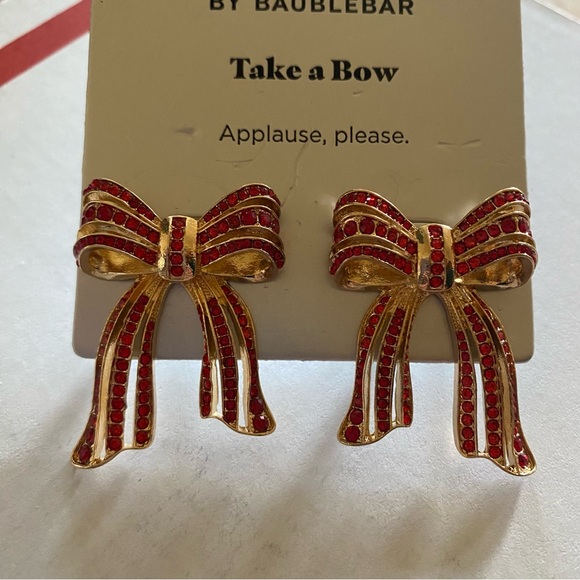 SUGARFIX BaubleBar Crystal Gold
Bow Statement Christmas Earrings Gold Red NWT - Picture 8 of 10